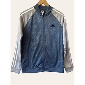 Adidas Floral Embossed Blue Zip Up Striped Sleeve Athletic Track Jacket Size S